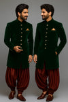 Elegant the Emerald Green Velvet Indowestern - Designer Mens Wear - Bharat Plaza