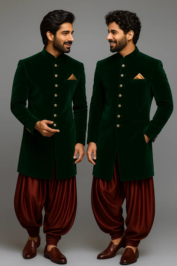 Elegant the Emerald Green Velvet Indowestern - Designer Mens Wear - Bharat Plaza