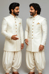 Wedding Groomswear - Ivory Velvet Indo-Western Sherwani - Bharat Plaza