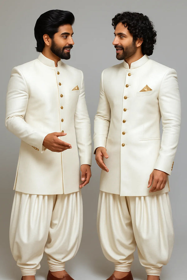 Wedding Groomswear - Ivory Velvet Indo-Western Sherwani - Bharat Plaza