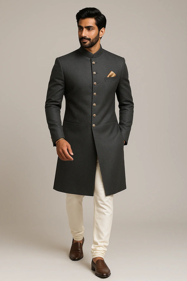 Charcoal Black Terry Rayon Sherwani – Imperial Wedding Wear - Bharat Plaza