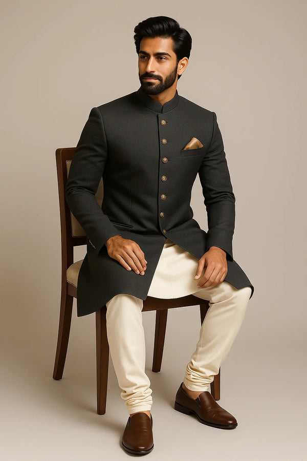 Charcoal Black Terry Rayon Sherwani – Imperial Wedding Wear - Bharat Plaza