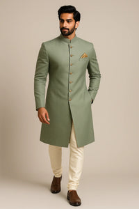 Royal Sage Green Sherwani 3-Piece Set with Cotton Kurta & Churidar - Bharat Plaza