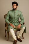 Royal Sage Green Sherwani 3-Piece Set with Cotton Kurta & Churidar - Bharat Plaza