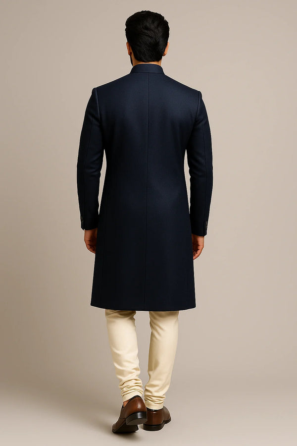 Royal Nawabi Navy Blue Sherwani Set with Cotton Kurta & Churidar - Bharat Plaza