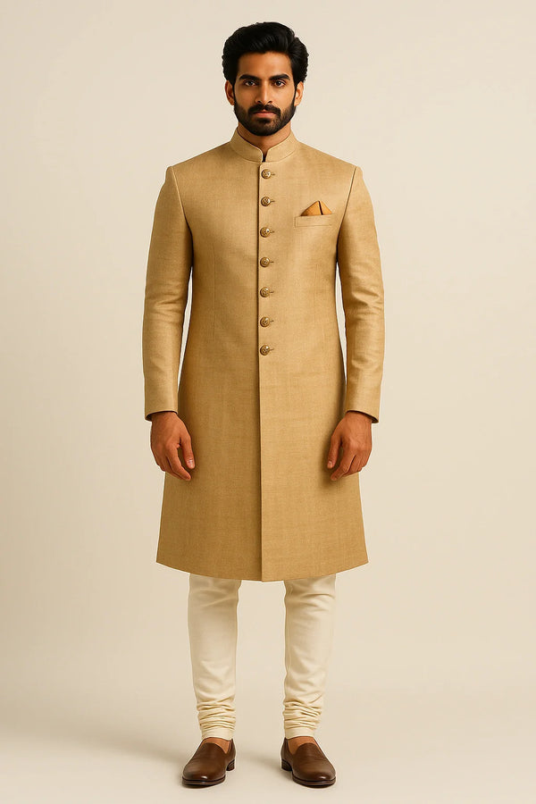 Royal Beige Terry Rayon Sherwani – Regal Wedding Wear - Bharat Plaza