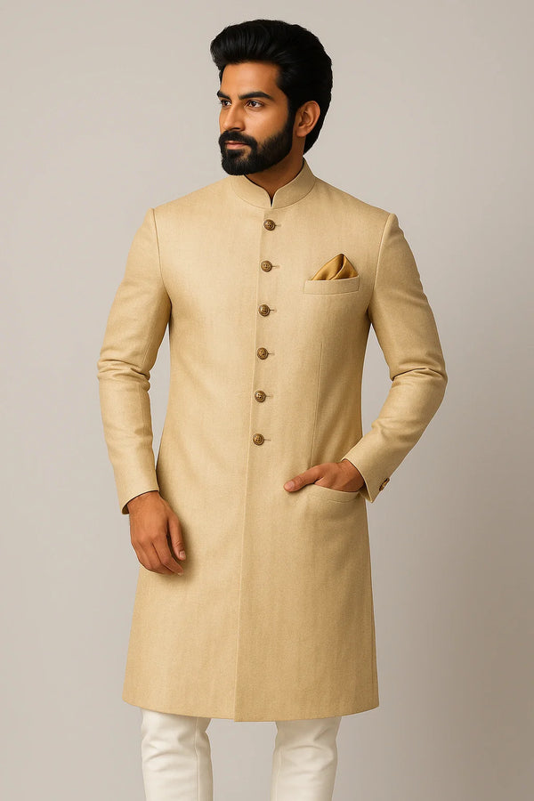 Royal Beige Terry Rayon Sherwani – Regal Wedding Wear - Bharat Plaza