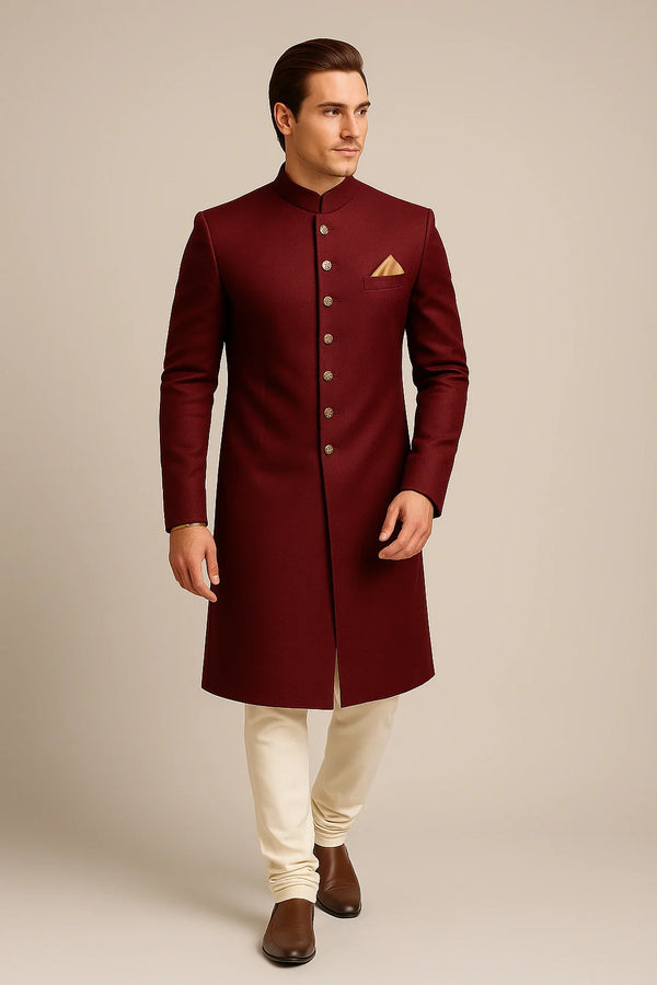 Deep Maroon Terry Rayon Sherwani – Regal Wedding Wear - Bharat Plaza