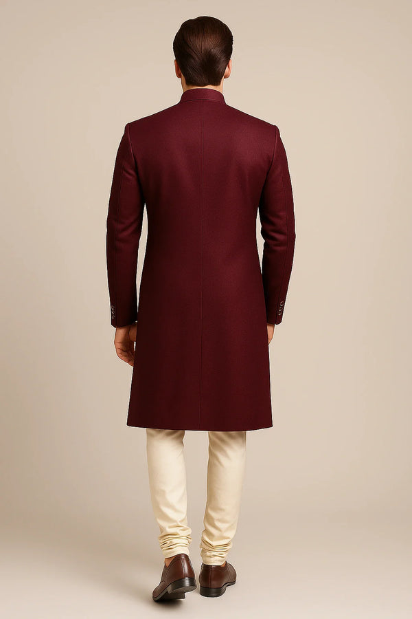 Deep Maroon Terry Rayon Sherwani – Regal Wedding Wear - Bharat Plaza