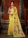 Yellow Khadi Cotton Saree showcasing a stunning multi colour extract design and jhallar for festive wear | BharatPlaza
