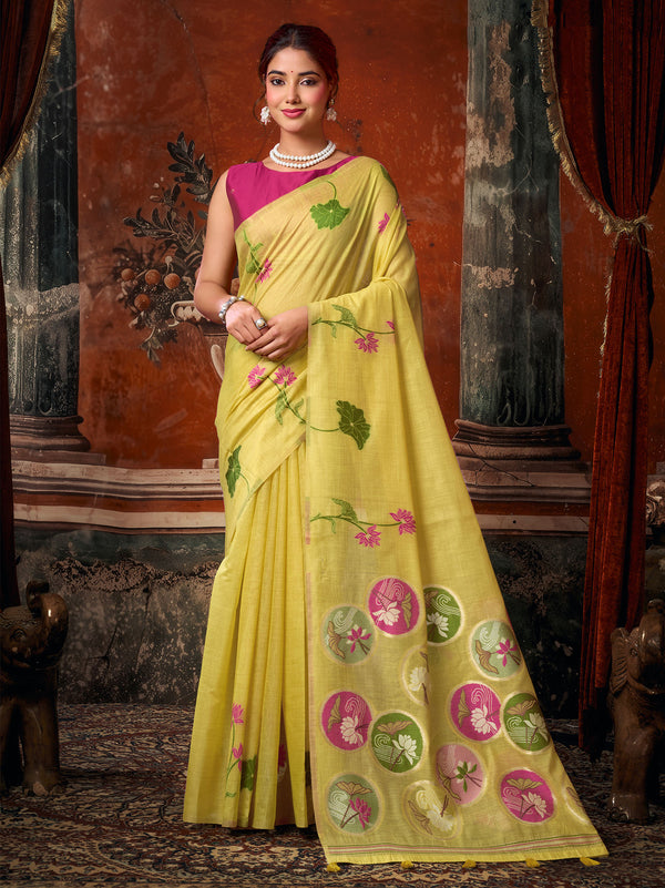 Yellow Khadi Cotton Saree showcasing a stunning multi colour extract design and jhallar for festive wear | BharatPlaza