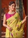 Yellow Khadi Cotton Saree featuring a contrasting pink blouse for gorgeous luxury festive celebrations | BharatPlaza