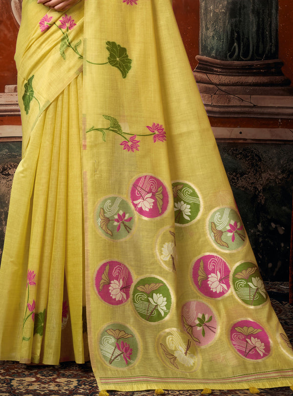 Yellow Khadi Cotton Designer Saree highlighting elegant floral motifs and natural fabric texture | Shop BharatPlaza