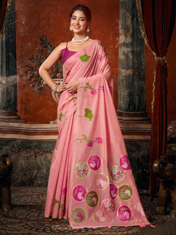 Pink Khadi Cotton Designer Saree highlighting beautiful multi-colour extract design on the pallu | BharatPlaza