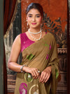 Khaki Brown Khadi Cotton Designer Saree highlighting beautiful multi-colour extract design on the pallu | BharatPlaza