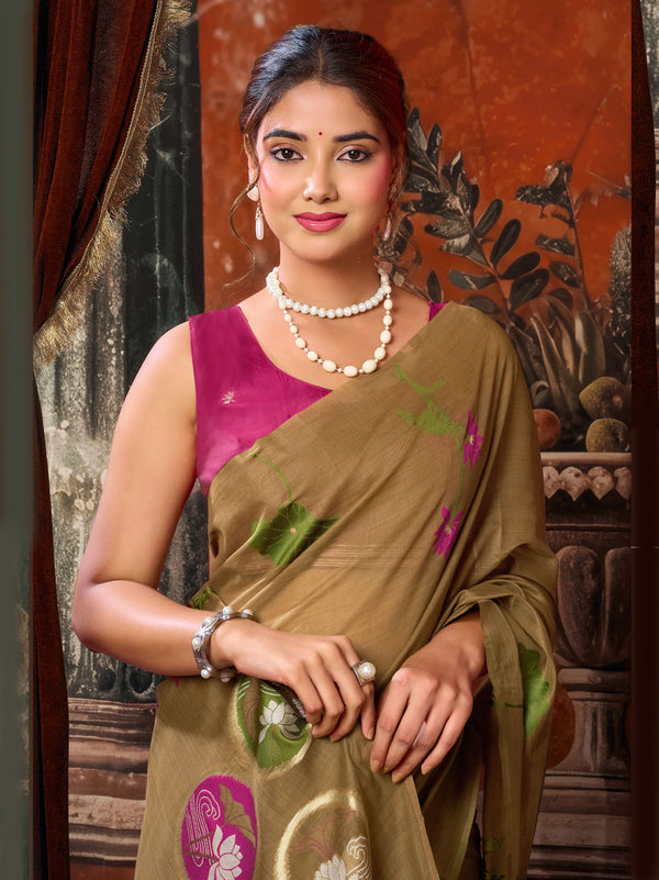 Khaki Brown Khadi Cotton Designer Saree highlighting beautiful multi-colour extract design on the pallu | BharatPlaza