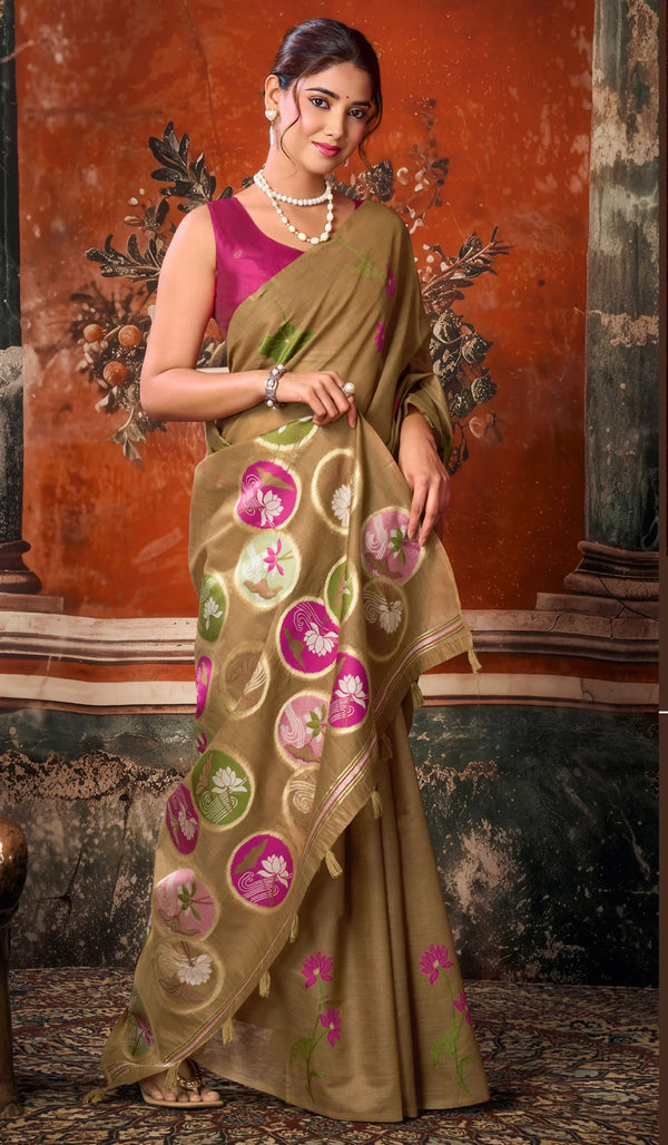 Khaki Brown Khadi Cotton Saree featuring natural texture and elegant jhallar border for daytime celebrations | BharatPlaza