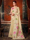 Cream Khadi Cotton Saree showcasing a striking contrast pink blouse perfect for luxury festive events | BharatPlaza