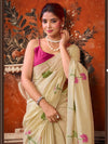 Cream Khadi Cotton Designer Saree highlighting a stunning multi-colour extract design on the pallu | BharatPlaza