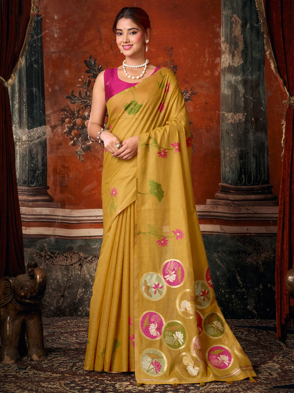 Mustard Khadi Cotton Saree displaying a vibrant contrast blouse perfect for luxury weddings and events | BharatPlaza