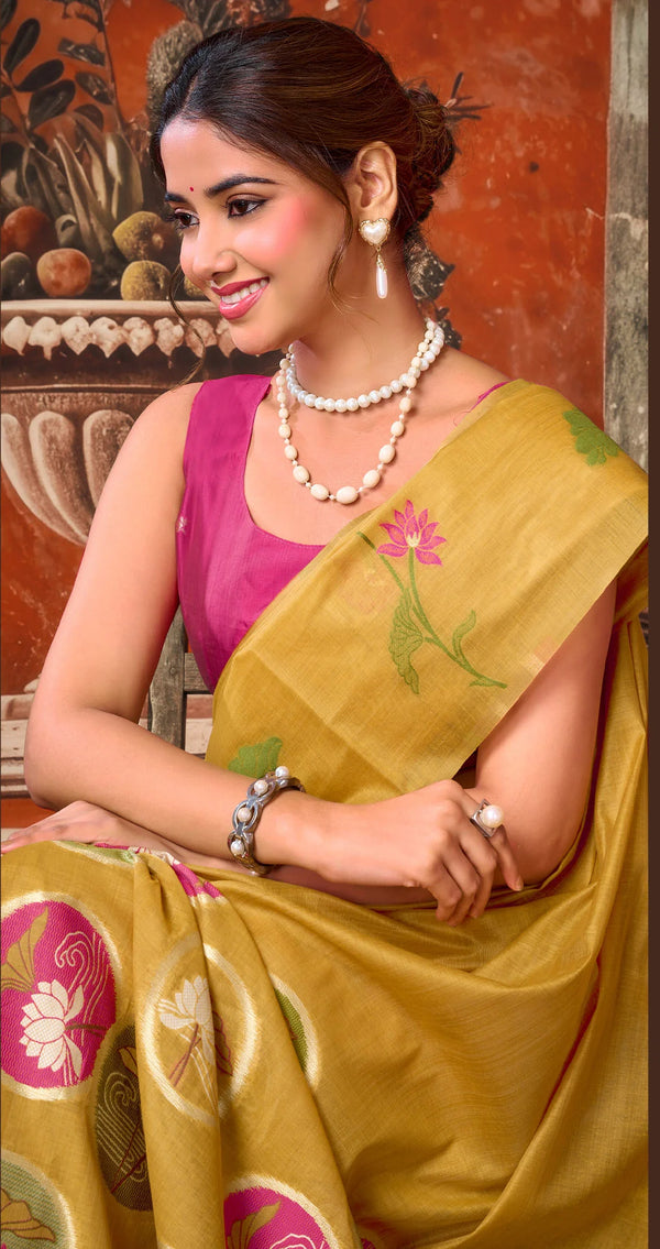 Mustard Khadi Cotton Designer Saree featuring elegant multi colour botanical motifs for festive events | BharatPlaza