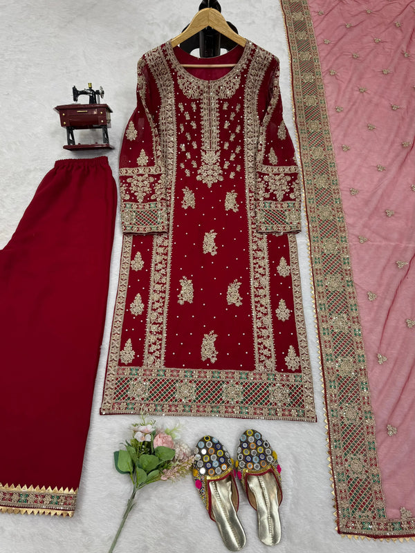 Maroon embroidered traditional outfit with matching top, dupatta for party and sangeet ocassion