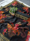 Black floral georgette saree fabric with golden foil work