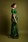 Green georgette floral saree with foil border and satin blouse