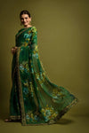 Green floral print georgette saree with foil work border