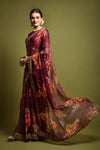 Maroon georgette floral saree with foil border and satin blouse