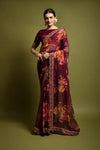 Maroon georgette saree with floral print and foil work