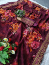 Partywear maroon floral saree with golden foil border and blouse