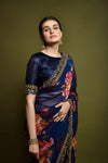 Navy blue georgette floral saree with foil border and satin blouse