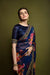 Navy blue georgette floral saree with foil border and satin blouse