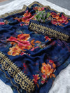 Navy blue georgette saree with floral print and foil work