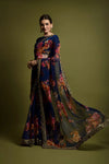 Navy blue floral saree with golden foil border and blouse