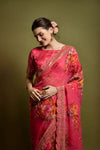 Pink georgette saree with floral print and foil work