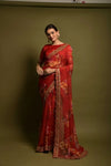 Red georgette floral saree with foil border and silk blouse