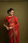 Red georgette saree with floral print and foil work