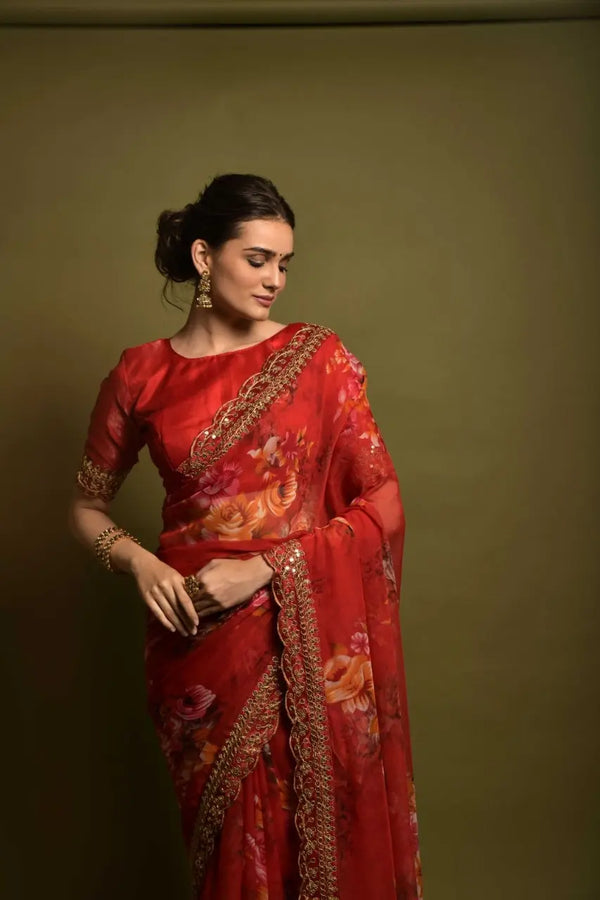 Red georgette saree with floral print and foil work