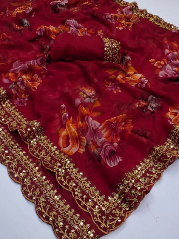 Fabric drape of red georgette floral saree with golden foil border