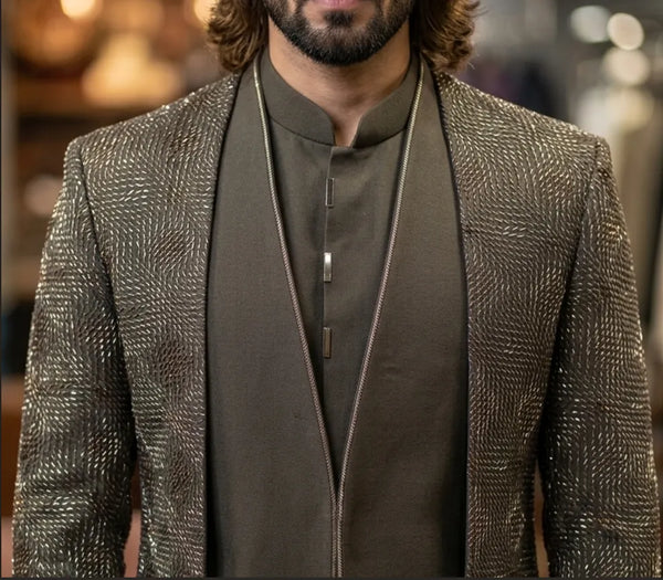 BharatPlaza offers Indo-Western clothing in imported metallic dark gray for weddings and other special events.