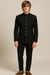 Front view of a black imported polyester Bandhgala Jodhpuri suit with gold-tone buttons for a New Jersey wedding