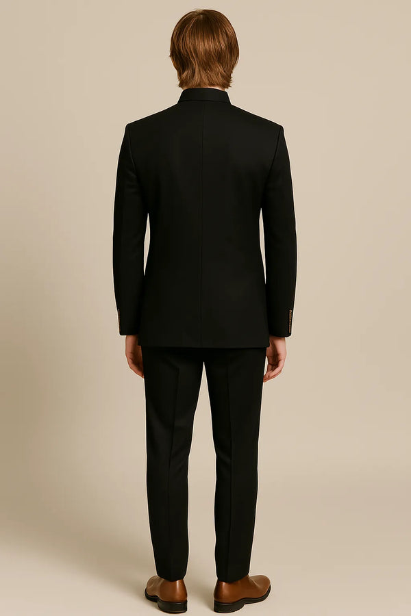 Back view of a black imported polyester Jodhpuri suit and matching trousers for a Delhi reception
