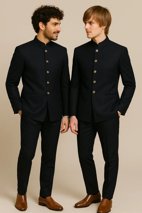 Two men in black Bandhgala Jodhpuri suits with matching trousers for a Toronto wedding guest look