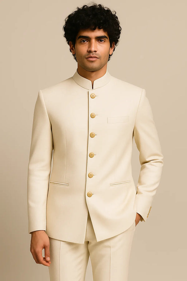 Closer front view of the ivory Bandhgala Jodhpuri suit showing its collar and welt pockets for a Birmingham reception