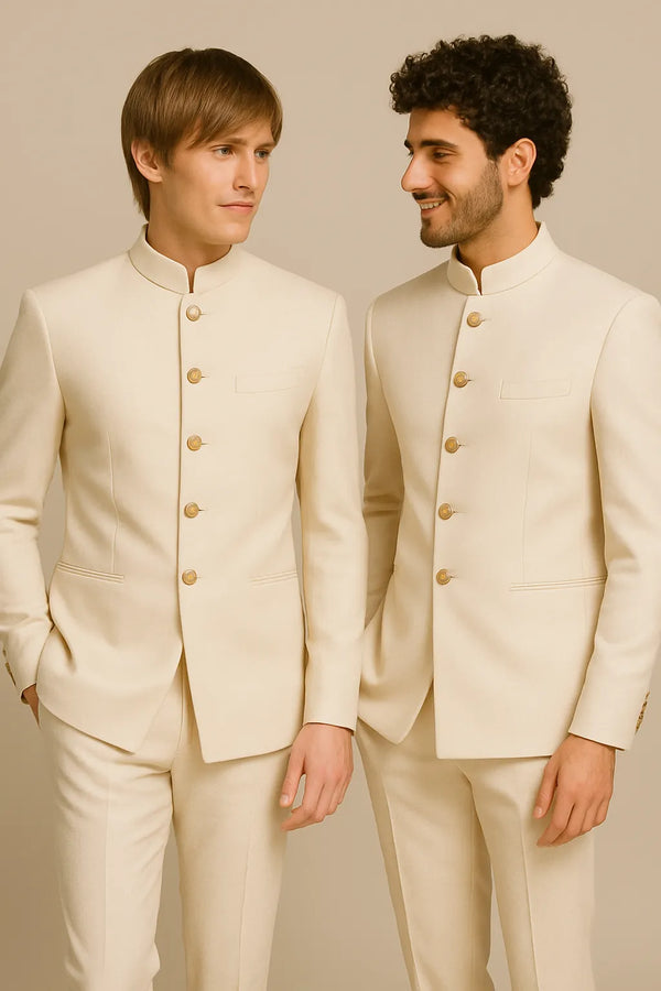 Two men in ivory Bandhgala Jodhpuri suits with gold-tone buttons for a Brampton wedding celebration