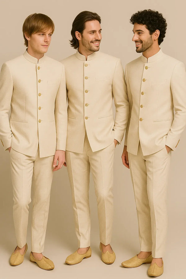 Three men wearing coordinated ivory Jodhpuri suits and matching trousers for a Hyderabad groom party