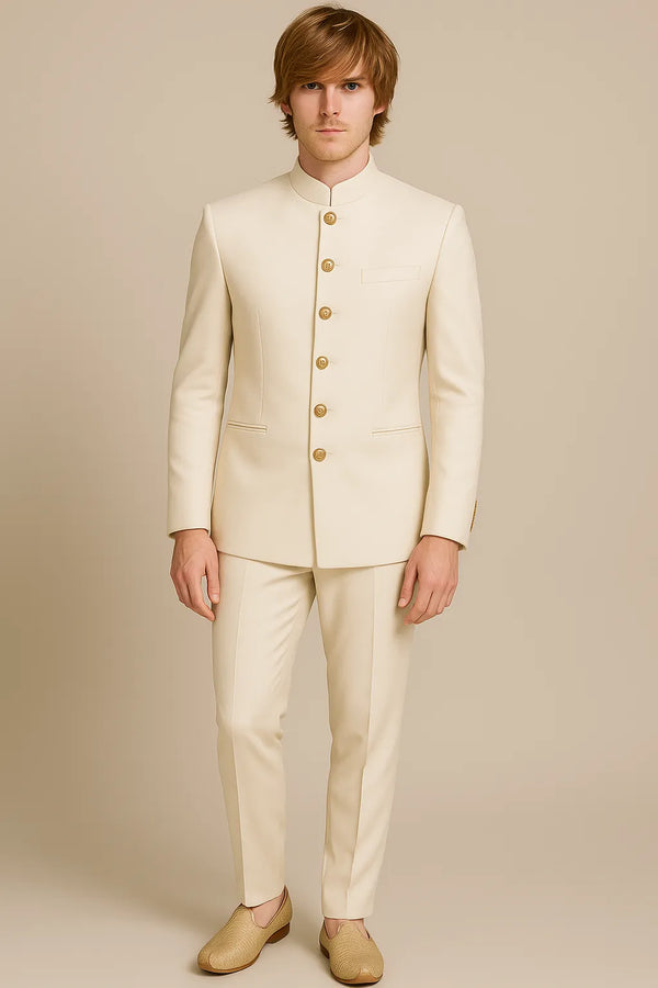 Full front view of an ivory Jodhpuri suit with matching trousers and gold-tone buttons for a Jaipur wedding