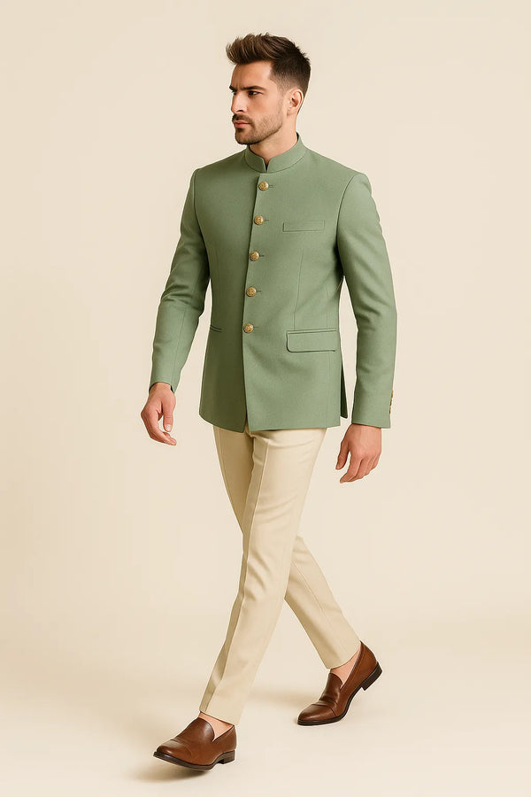 Side view of sage green Jodhpuri suit showing its Bandhgala collar and beige trousers for a Leicester reception